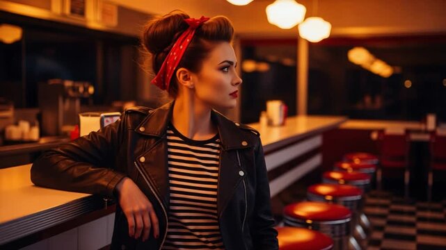 Stylish young Caucasian woman in vintage rockabilly style posing in a classic retro diner