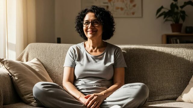Middle aged woman with curly hair sitting on couch for menopause wellness and mindfulness