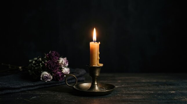 A single lit candle flickers in a vintage candlestick, casting a warm glow against a dark background. Dried purple roses rest on a dark wooden surface beside the candle.