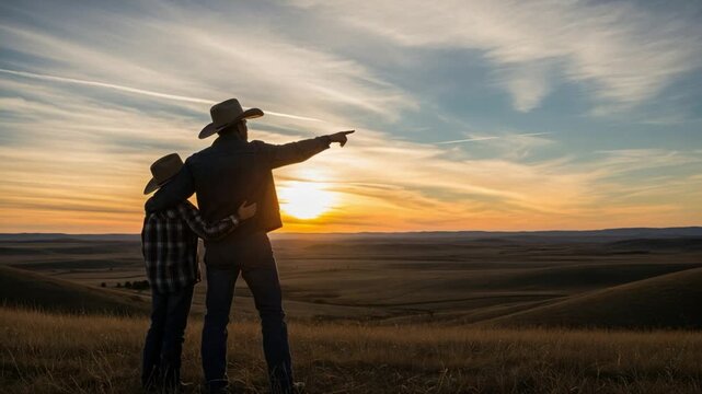 Father and young son in cowboy hats overlooking family ranch at sunset