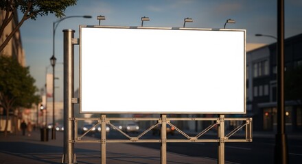 Fototapeta premium Blank Billboard in City Street: An empty billboard stands prominently on a street, ready to be filled with advertising content. Its blank canvas invites creative use.