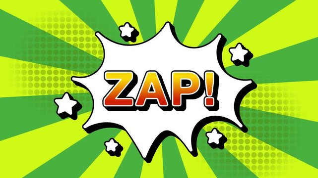 zap text word lettering popup comic cartoon reveal with bomb and smoke explosion manga anime book page dots with radial speed lines doodle green  background with seamless loop animation retro