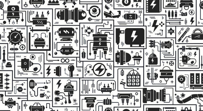 Abstract pattern of electrical components and symbols.