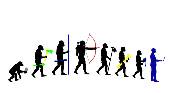 Human Evolution Stages: From Ape to Modern Man with Laptop
