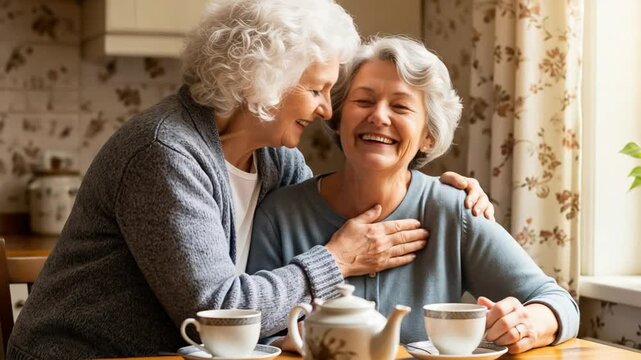Happy senior same-sex couple enjoying tea together in a warm home kitchen setting