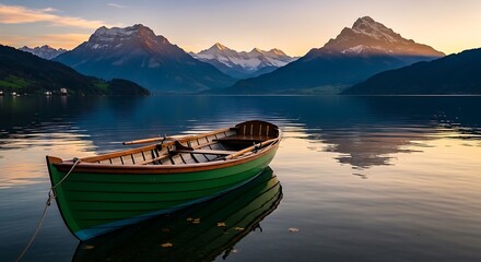 Obraz premium Tranquil lake scene with boat and majestic mountains under sunset sky
