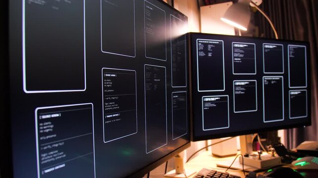 Close up computer monitors displaying fictional programming code and software development interface, technology workspace concept