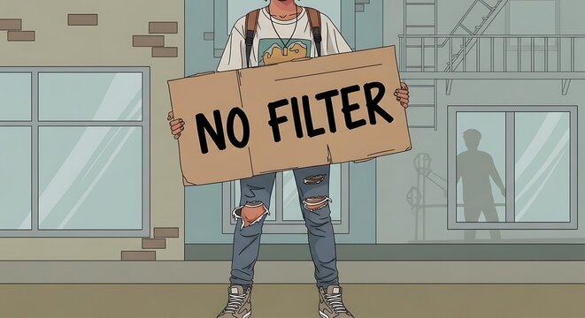 Young Person Holding No Filter Sign in Front of Modern Building