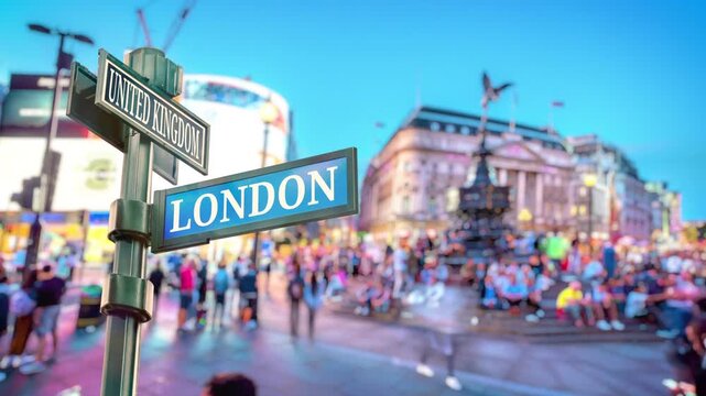 London Piccadilly Circus Timelpase. Selective focus of travel sign LONDON and United Kingdom with real timelapse from raw photos. Bustling city landmark with dazzling digital billboards and people. 