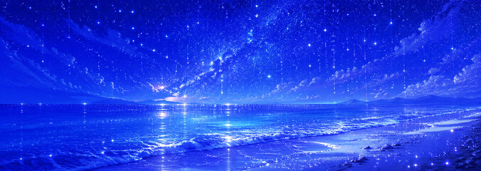 Fototapeta premium 星降る夜空と青く輝く海辺