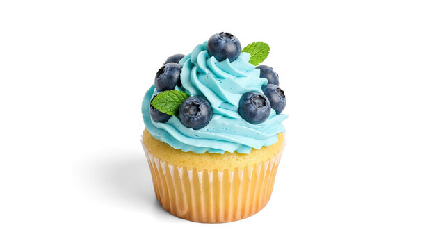 A single cupcake sits on a transparent background. The cupcake has a light yellow cake base and is topped with a swirl of light blue frosting.