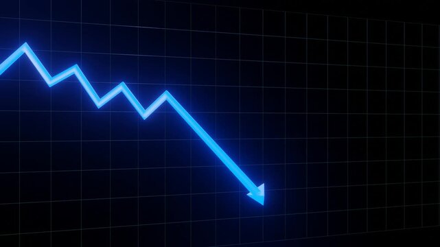 Neon blue arrow pointing down on black grid background, concept of stock market crash and economic decline.