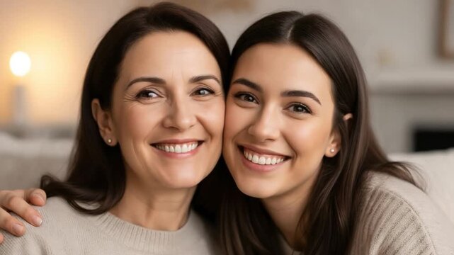 Smiling Middle Aged Mother and Adult Daughter Bonding at Home, Generational Connection