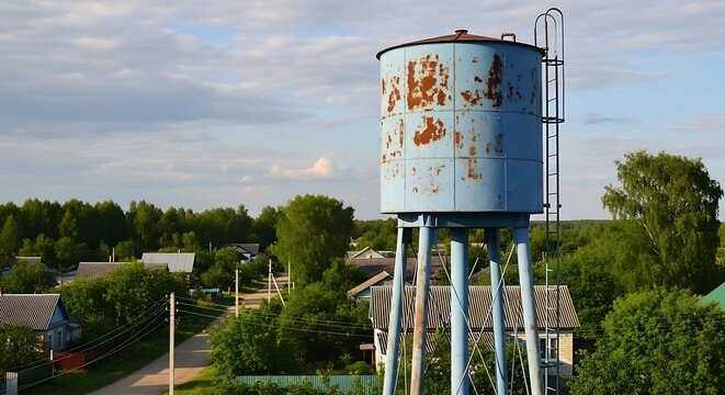 Old rusty water tower standing tall in a rural landscape under a cloudy sky.