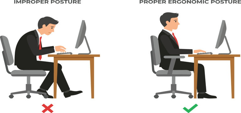 Proper Ergonomic Posture versus Improper Sitting Position Infographic Featuring Businessman Working at Computer Desk Side View Vector Illustration