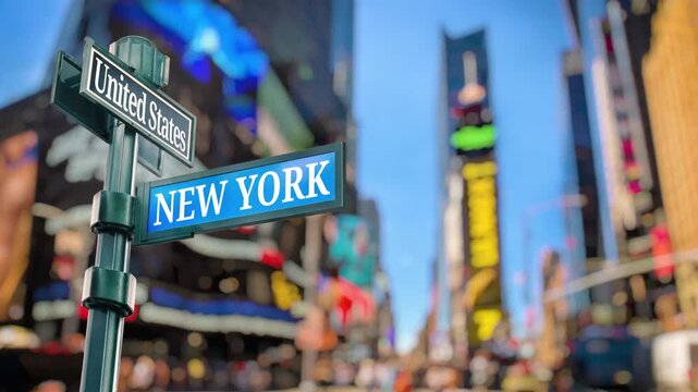 New York City  Times Square Timelapse. Selective focus of travel sign United States and New York with real timelapse from raw photos. Bustling city with dazzling LED digital billboards and busy people