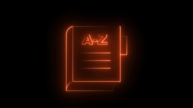Glowing neon orange color dictionary book icon on black background. 4k animation video.