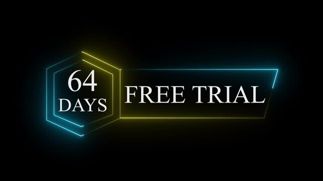 Neon glowing 64 Days Free Trial Banner text icon on black background. 64 days free trial label icon badge. Business products 64 days free trial offer video.