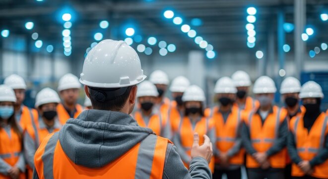 Industrial manager leading a team meeting in a warehouse facility.