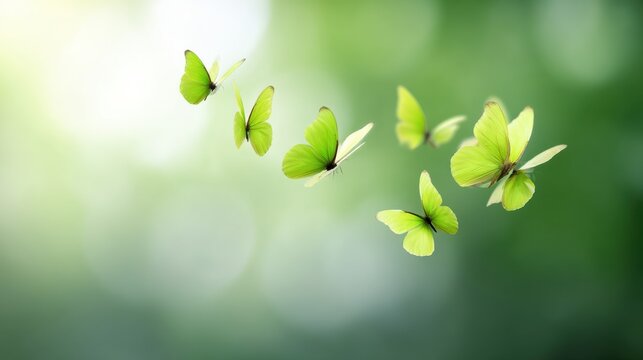 Beautiful Green Butterflies Flying Through a Blurred Nature Background