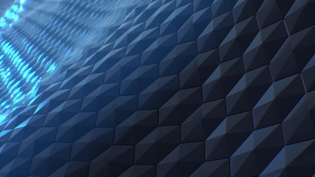 A continuous 3D render animation of an abstract dark geometric pattern undulating like waves, illuminated by cyber blue neon lights. Perfect for tech and corporate backdrops.
