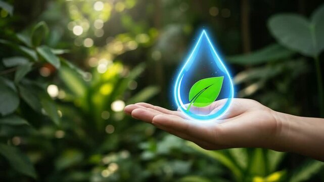 Hand holding glowing water drop with green leaf for sustainable water management and eco care