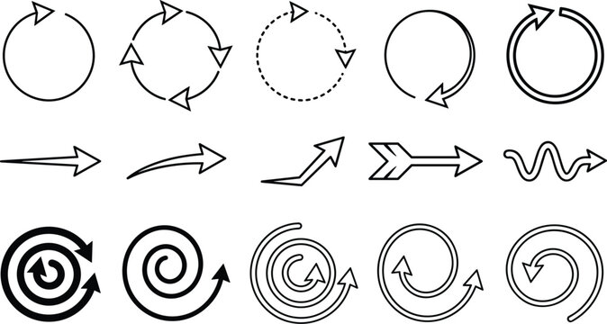 Circular arrow icon set refresh loop spiral curved direction pointers outline thin line vectors