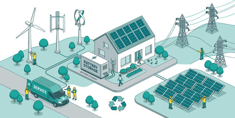 Isometric Renewable Energy System Maintenance with Technicians Servicing Solar Panels Wind Turbines Battery Storage and Power Lines Line Art Vector Illustration © MstRuna