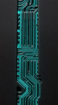 Etched Data Channels. Computer Technology Background. A macro shot looking directly down onto the etched surface of a chip, where the main data channels glow with a soft, persistent cyan light.
