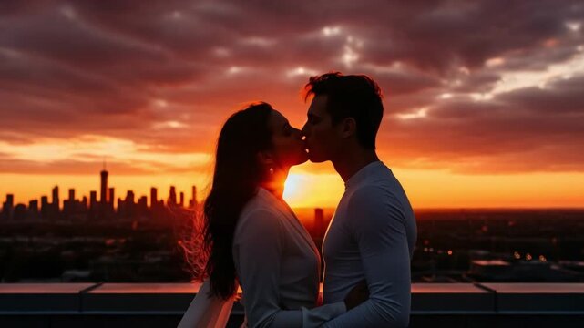 Young man and woman kissing on a skyscraper rooftop at sunset for a romantic urban elopement