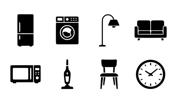 Minimalist household appliance and furniture silhouette icon set for home apps and commercial vector design
