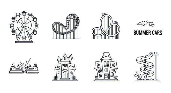 Amusement Park Icons: Ferris Wheel, Roller Coaster, Bumper Cars, Haunted Houses, Water Slide