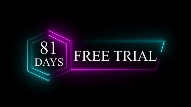 Neon glowing 81 Days Free Trial Banner text icon on black background. 81 days free trial label icon badge. Business products 81 days free trial offer video.