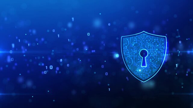 Abstract futuristic digital background featuring glowing padlock with keyhole tech lines, cyber data networks, and artificial intelligence fictional coding text concepts
