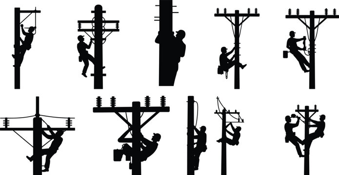 Silhouettes of Linemen Working on Utility Poles with Tools and Equipment lineman electrician