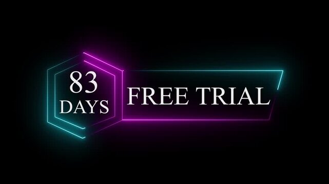 Neon glowing 83 Days Free Trial Banner text icon on black background. 83 days free trial label icon badge. Business products 83 days free trial offer video.