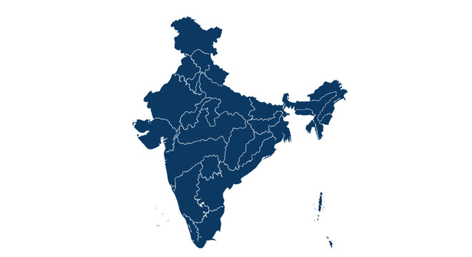 India Map Silhouette with State Borders - Deep Blue Outline on White Background