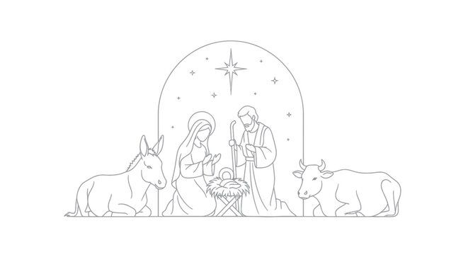 Nativity Scene Outline: Mary, Joseph, Baby Jesus, Donkey, Cow, Star