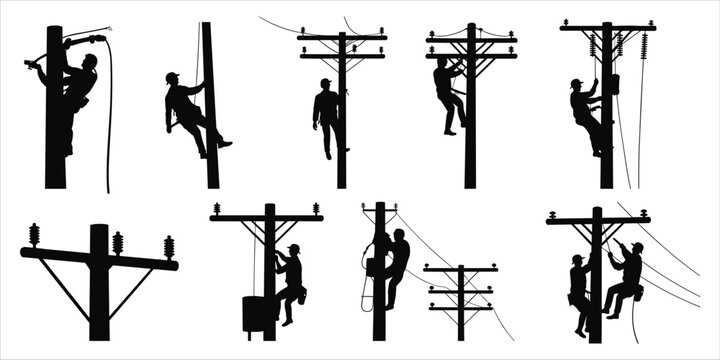 Silhouettes of Electricians Working on Utility Poles Performing Maintenance and Repairs lineman utility worker