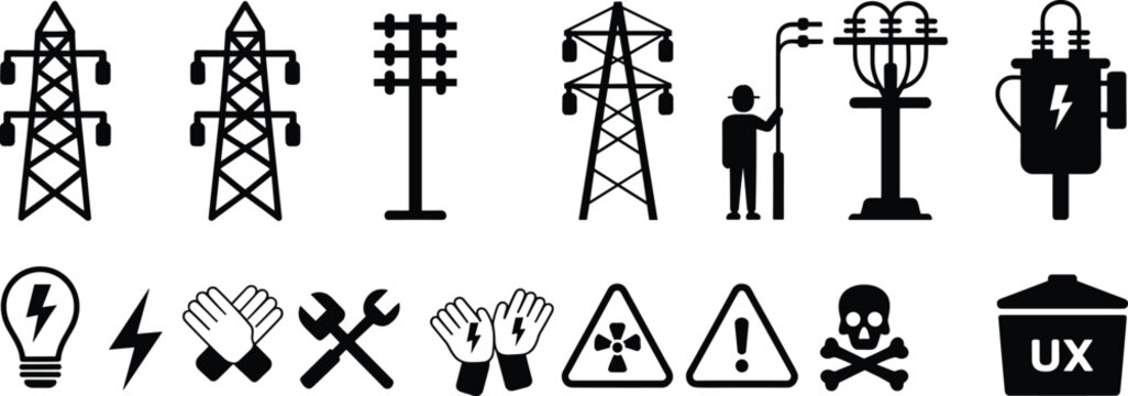 Electricity power transmission line towers icons and symbols for energy industry Keywords: electricity, power, energy, transmission, line