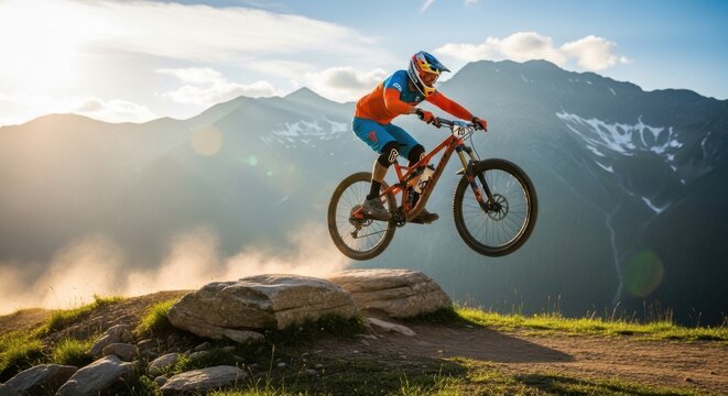 An extreme mountain bike rider wearing a helmet performs an adventurous jump across the rugged nature of the high mountains against a clear blue sky
