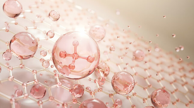 Hyaluronic acid molecules anchor onto a collagen grid to reinforce the skin matrix. 3D rendering.