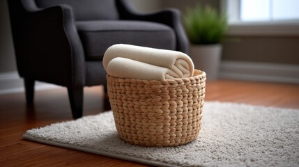 Fototapeta premium Cozy Interior Setting with Woven Basket Containing Rolled Towels Beside Comfortable Chair and Indoor Plant Near Window for Relaxation and Comfort