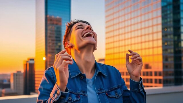 Joyful gender-fluid individual in denim jacket laughing on urban rooftop during golden hour