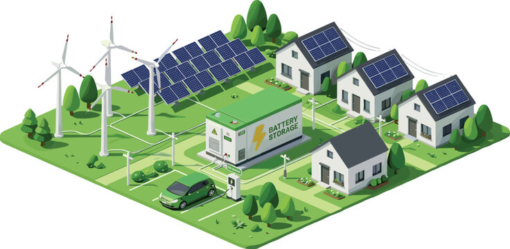 Isometric Green Energy Eco Suburb Neighborhood with Solar Rooftops Wind Turbines Central Battery Storage System and Electric Vehicle Charging Vector Illustration