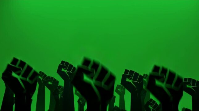 Group of raised black fists against a vibrant green background