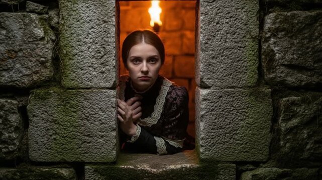 Young Victorian woman looking through stone castle window with torchlight in dark medieval dungeon