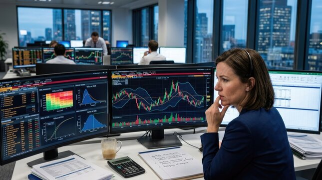 A focused woman intently monitors multiple computer screens displaying complex financial charts and graphs. She sits at a desk cluttered with papers, a calculator, and a coffee cup.