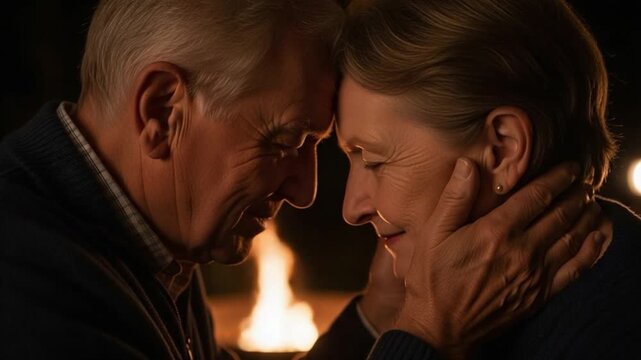 Affectionate senior couple touching foreheads in warm cozy home atmosphere, elderly husband and wife sharing intimate moment