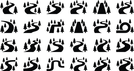 Obraz premium Winding road icon set forest highway curve path route landscape street black silhouette vectors